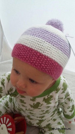 bambino in maglia a strisce berretto con Pompon pompon in Dusky rosa, bianco e Lilla (BH48) 3-6 mesi