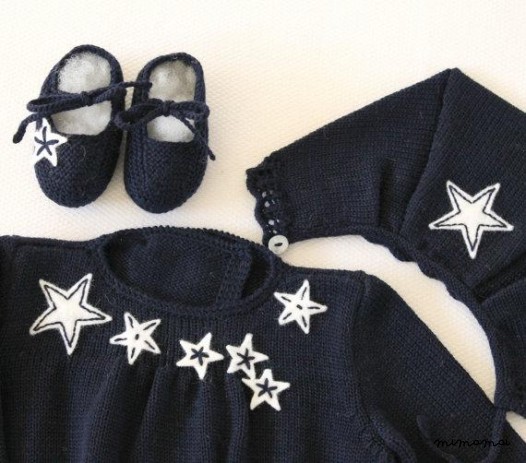 Maglia bambino vestito, cappello e scarpe blu set. Stelle di pizzo e feltro.