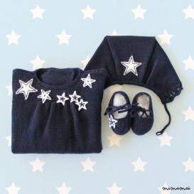 Maglia bambino vestito, cappello e scarpe blu set. Stelle di pizzo e feltro.