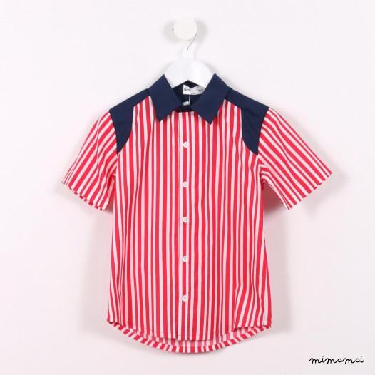 Short-sleeved Contrast Shoulder Shirt red stripes
