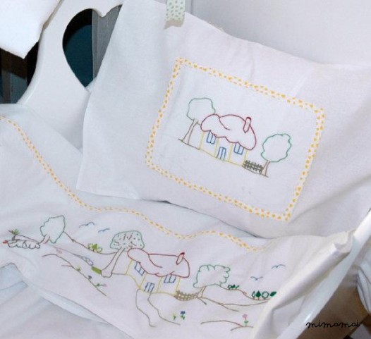 baby linen sheet pillowcase hand embroidered cradle stroller walk in the countryside nursery