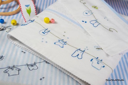 baby linen sheet pillowcase,hand embroidered, cradle stroller nursery, blue color
