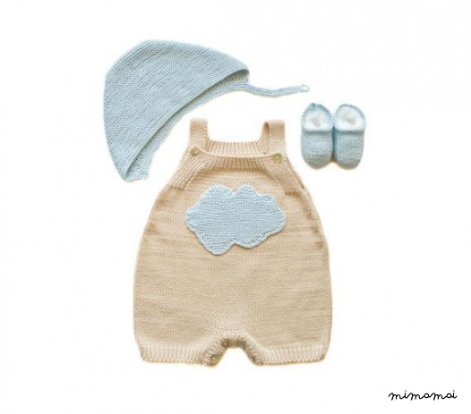 Maglia baby set, tuta, cappuccio e scarpe. Cloud di tortora e blu.