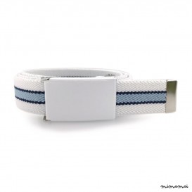 White belt, white buckle with navy-blue and pastel blue stripes
