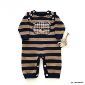 Maglia bambino tuta. Strisce blu e cammello. Orso in tartan.