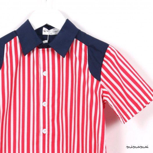 Short-sleeved Contrast Shoulder Shirt red stripes