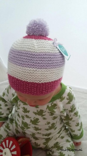 bambino in maglia a strisce berretto con Pompon pompon in Dusky rosa, bianco e Lilla (BH48) 3-6 mesi