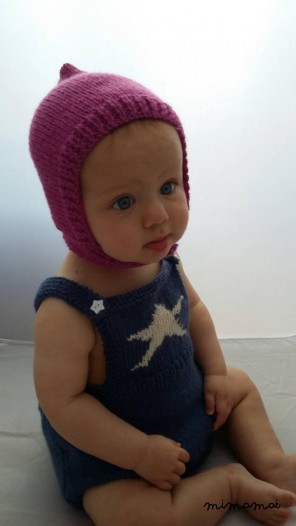 Baby pixie cap, knitted baby hat in fuscia pink wool with button closure