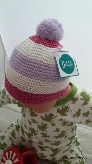 bambino in maglia a strisce berretto con Pompon pompon in Dusky rosa, bianco e Lilla (BH48) 3-6 mesi