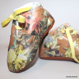 SALE 3 - 6 Months Slippers / Baby Shoes Lamb Leather Flowery Yellow