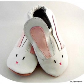 Coniglio bianco bambino pantofole in pelle, scarpe in pelle suola morbida a mano