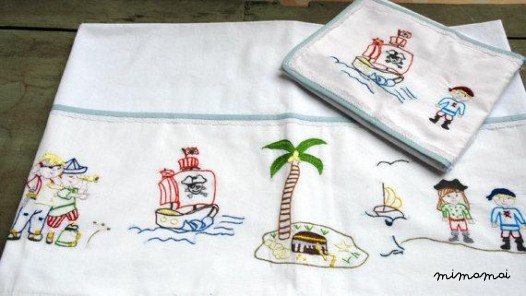 Pirates baby sheet pillowcase hand embroidered cradle stroller nursery