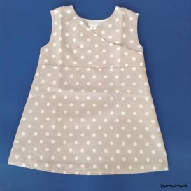 Vestitino Ginevra in tessuto di lino &eacute;cru con pois bianchi