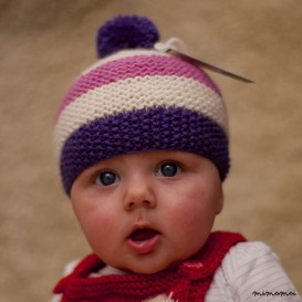 Newborn hat, baby knitted hat, striped Bobble pompom hat in indigo