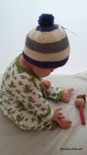 Baby knitted striped Bobble pompom hat in indigo