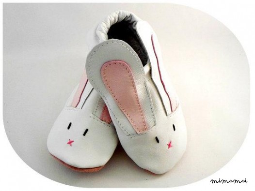 Coniglio bianco bambino pantofole in pelle, scarpe in pelle suola morbida a mano