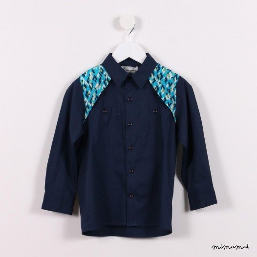 Long-sleeved Pockets Shirt blue with green prints