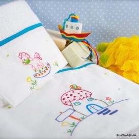 set 2 baby towels bath hand towel hand embroidered unisex Carousel turquoise