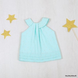 100% cotton in aqua colour dress, Golden dots baby dress