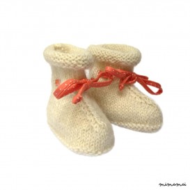 Chaussons bottines alpaga &eacute;cru et ruban orange pois blancs
