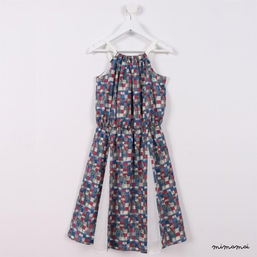 Square-Neck Flare Dress blue and maroon