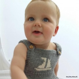 Baby clothing, romper suit, knitted onesie, knitted in Grey with cream sailboat motif