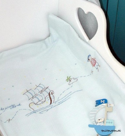 Pirates CRADLE BEDDING hand embroidered baby blanket blue white