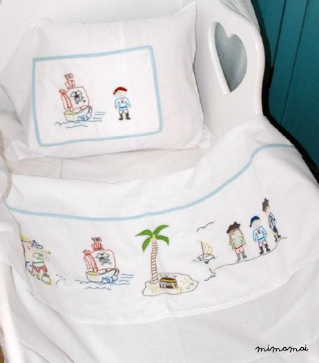 Pirates baby sheet pillowcase hand embroidered cradle stroller nursery