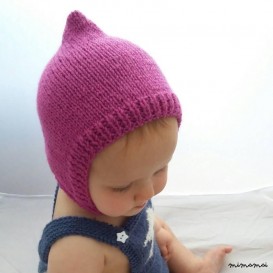 Baby pixie cap, knitted baby hat in fuscia pink wool with button closure