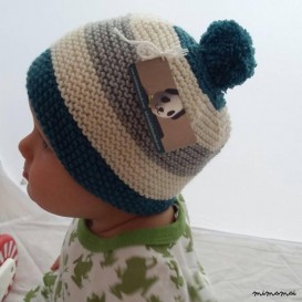 6-12 month baby knitted striped Bobble pompom hat in Peacock Green