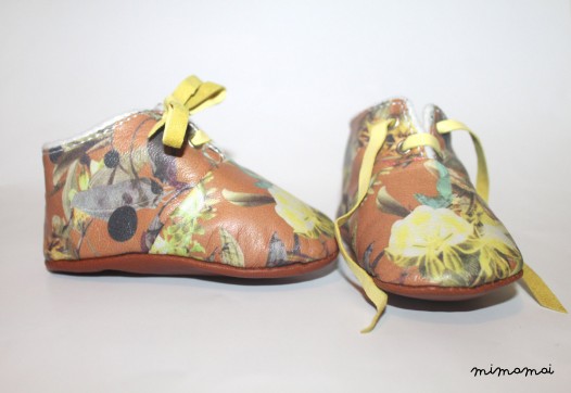 SALE 3 - 6 Months Slippers / Baby Shoes Lamb Leather Flowery Yellow