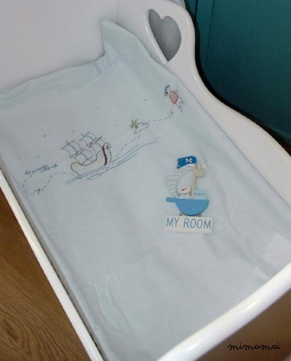 Pirates CRADLE BEDDING hand embroidered baby blanket blue white