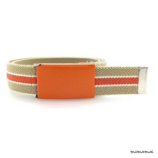 Beige belt, orange buckle with white and orange stripes