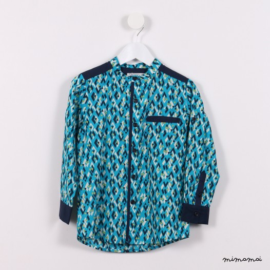 Long-sleeved Mandarin Shirt green graphic print