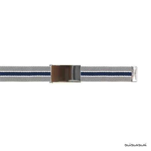 Grey belt, metal buckle with navy-blue and white stripes