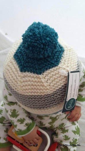 6-12 month baby knitted striped Bobble pompom hat in Peacock Green