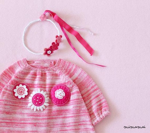 Maglia bambino vestito, fiori, rosa misto del feltro. 100% lana merino.