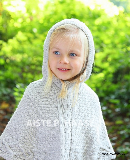 Hand-knitted Girl's Poncho/Merino wool Sand / Grey