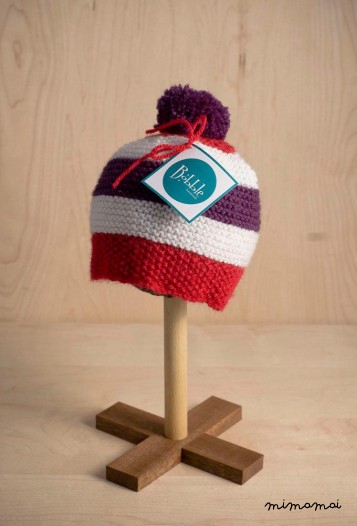 Pom pom baby maglia a strisce berretto con pompon in rosso, bianchi e viola, 6-12 mesi