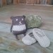 Baby shoes and knitted bear, handmade knitwear of organic cotton, beige and taupe