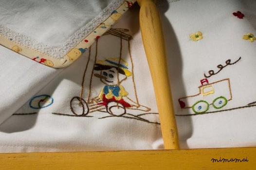Pinocchio baby linen sheet pillowcase,hand embroidered, cradle, christening gift