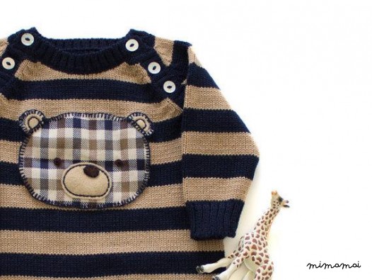 Maglia bambino tuta. Strisce blu e cammello. Orso in tartan.
