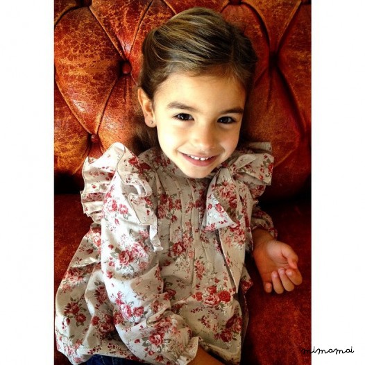 Little Flower Blouse, Girl's printed red and beige blouse with rose
