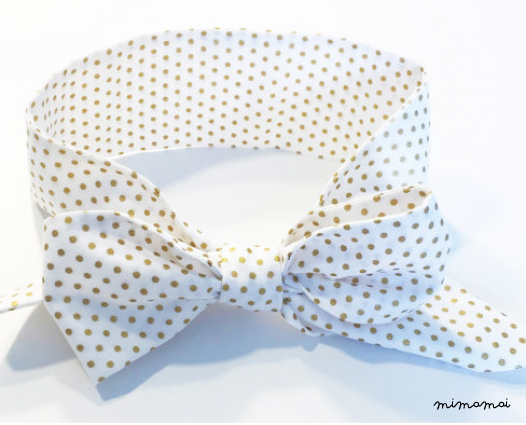 Cotton Fabric Bow Headwrap - White with Gold Dots