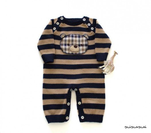Maglia bambino tuta. Strisce blu e cammello. Orso in tartan.