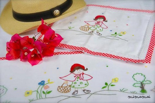 Red Riding Hood baby linen sheet pillowcase,hand embroidered,cradle stroller