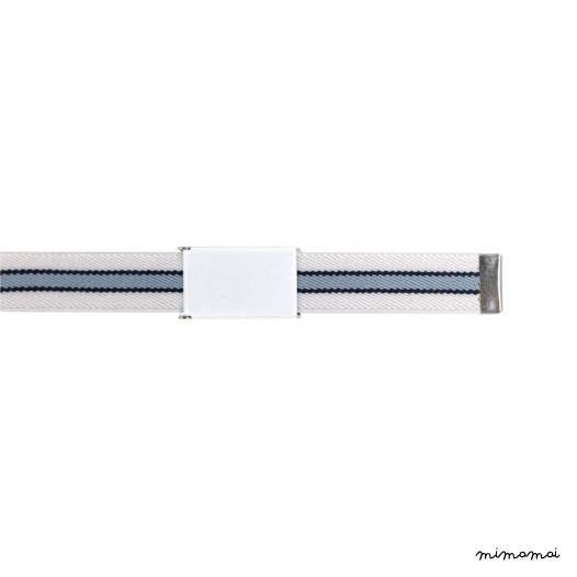White belt, white buckle with navy-blue and pastel blue stripes