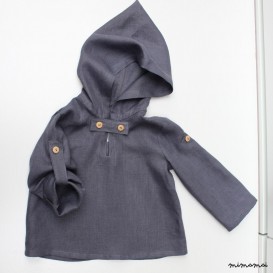 Natural linen hoodie with buttons, tuck up sleeves