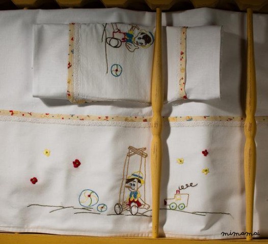 Pinocchio baby linen sheet pillowcase,hand embroidered, cradle, christening gift