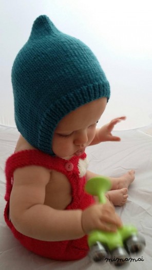 Pixie bonnet cap knit in teal green merino wool
